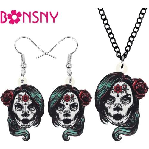 Bonsny Acrylic Halloween Flower Female Skull Jewelry Sets Aesthetic Earrings Necklace For Women Ladies Kid Party Gift Decoration