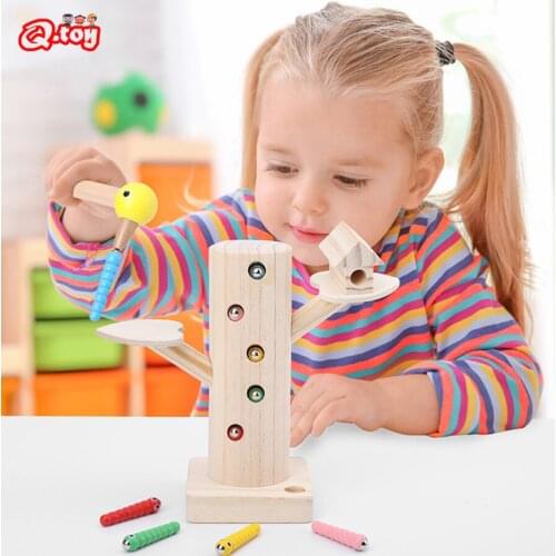 Baby Montessori Education Wooden Toys Kids 3D Matching Puzzle Magnetic Stick Woodpecker Catch Worm Fishing Toys for Kids Gift