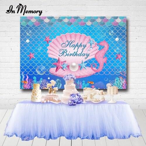 InMemory Blue Under The Sea Mermaid Party Backdrop Pink Glitter Mussel Pearl Girls Baby Shower Newborn 1st Birthday Background