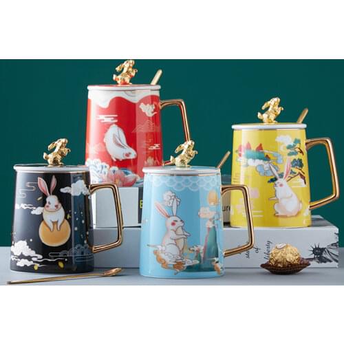 Cartoon Bunny Coffee Mug Chinese Style Ceramic Milk Tea, Coffee Cup Office Simple Water Cup with Spoon and Lid Mug Gift Box