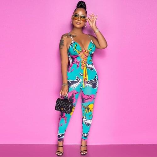 Drawstring Lace Up Hollow Sexy Skinny Jumpsuit Woman Spaghetti Strap Sleeveless Catsuit Streetwear Backless Bandage Bodysuits