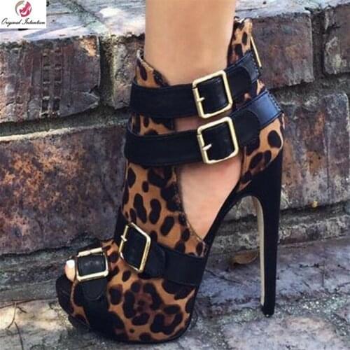 Original Intention Fashion Women Sandals Open Toe Thin High Heels Sexy Leopard Sandals Shoes Woman Plus Size 4-20