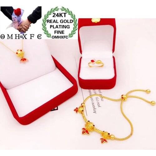 OMHXFC Wholesale YM263 Fashion Fine Woman Party Birthday Wedding Gift Goldfish 24KT Gold Ring Necklace+Ring+Bracelet Jewelry Set
