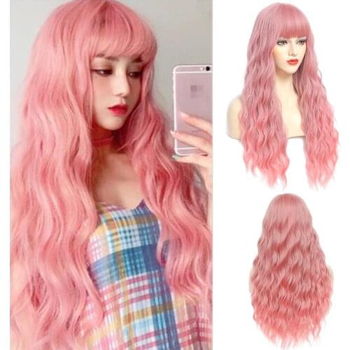 Pink Long Wave Synthetic Wigs With Bangs For Women Daily Use Lolita Cosplay Purple Blond Gradient Long Wavy Wigs