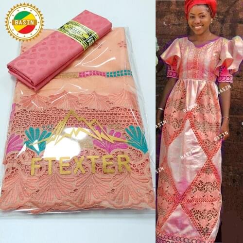 Peach Unique Design 2.5+2.5 Yards 100% Cotton African Dry Lace Fabric With Embroidered And Rhinestones Bazin Riche Material