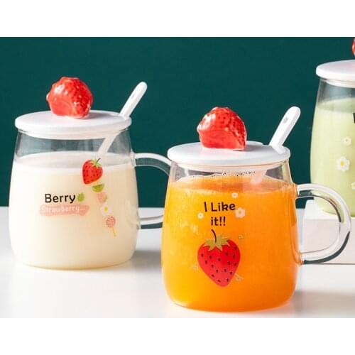 Novelty 3d Lid Cartoon Strawberry Cute Water Glass Transparent Mug Drinking Borosilicate Glasses Coffee Milk Juice Drinkware Cup