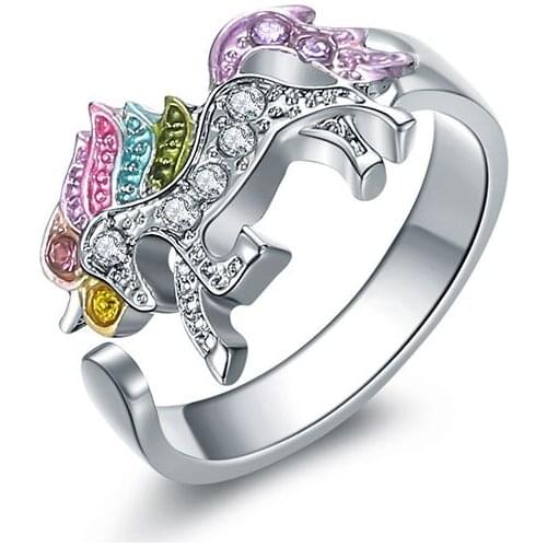 Crystal unicorn horse shape rainbow adjustable gold color open ring for women fashion