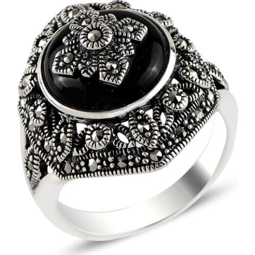 Silver 925 Sterling Onyx & Marcasite Ring
