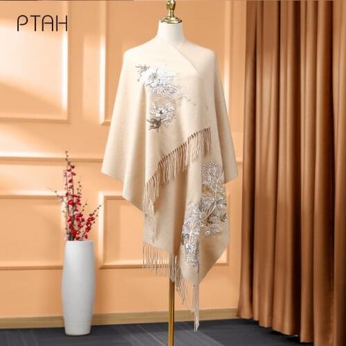 [PTAH] Wool Scarves For Women Thicker Cashmere Shawl Wrap Winter Warmer Softer Comfort Embroidery Large Scarves Ladies 200*60cm
