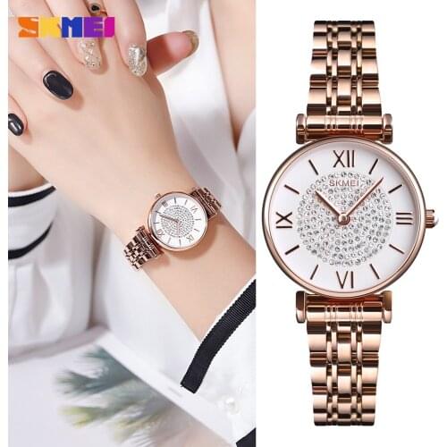 SKMEI Brand Luxury Women Quartz Watch Elegant Stainless Steel Ladies Crystal Bracelet Female Wristwatches Clock Relogio Feminino