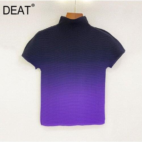 DEAT Woman T Shirts Pleated Gradient Stand Collar Short Sleeve Pullover Tops Casual Style Wild 2021 New Summer Fashion 15HT177