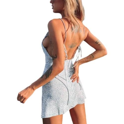 Women Backless Print Dress Summer Fashion Sleeveless Beach Sundress V Neck Spaghetti Strap Vestidos