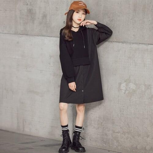 2021 Autumn Teen Girls Black Hoodie Shirt Dress Fashion Cool Knee Length Dress for 12 13 14 years Muslim Girls Clothes