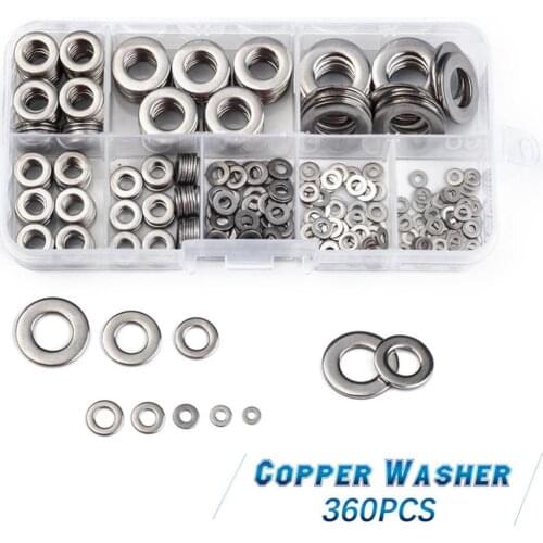 360PCS/ Set Car Copper Alloy Flat Washers 8 Sizes Durable Washers Gasket Assortment Set Tools Car Accessories