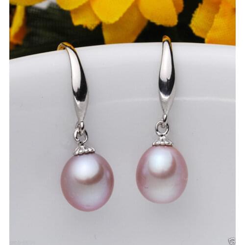 8-9mm Genuine Natural Purple Akoya Cultured Pearl Earrings -Bride jewelry free shipping