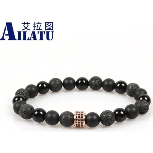 Ailatu Fashionable Micro Pave Black Cz Column Charm with 8mm 3 Types Natural Stone Beads Bracelets Jewelry