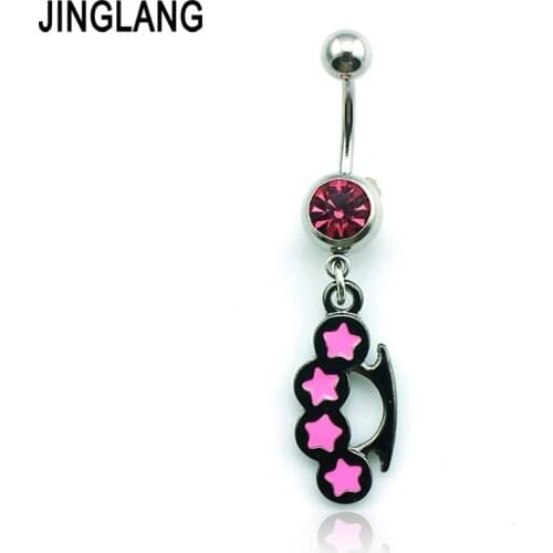 JINGLANG Arrival Belly Rings Surgical Steel Barbell Dangle Pink Enamel Black Brass Knuckles Navel Piercing Jewelry Free Shipping
