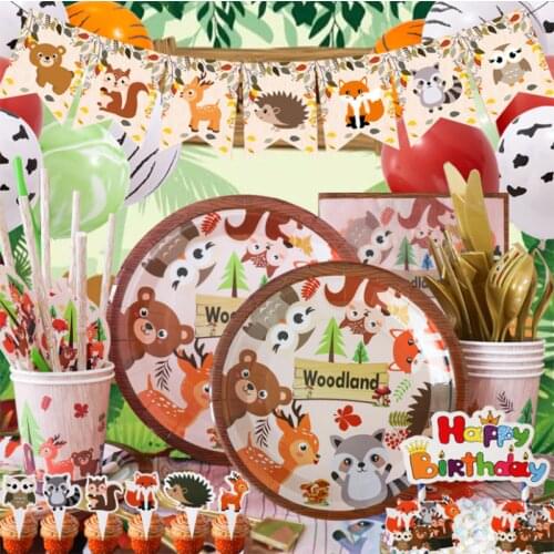 Forest Animals Series Disposable Plates Napkins Straw Tableware Birthday Party Theme Banquet Set Cake Decoration Party Supplies
