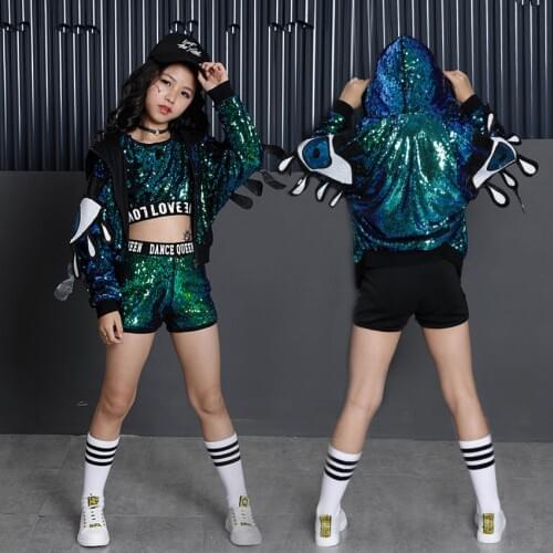 Korean Style Fancy Kids Student Girls Ballroom Jazz Dance Costumes Hip Hop Street Wear Big Eyes Sequin Jacket Clothing Set