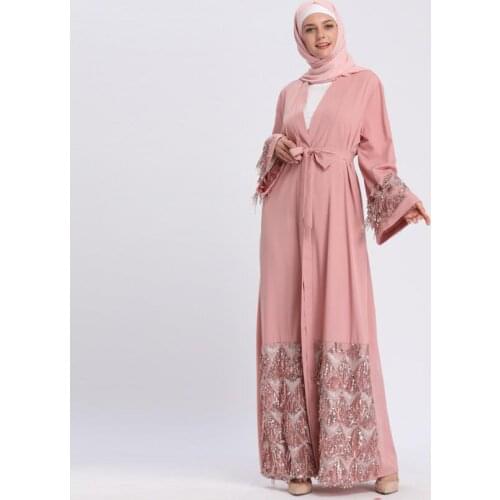 Muslim Abayas Ramadan Eid Sequins Beading Tassel Islamic Robes Abayas Fashion Dubai Muslim Dresses With Belt F2990 dropship