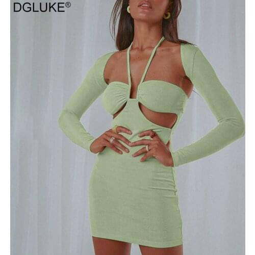 Halter Backless Bodycon Mini Dress Sexy Club Dress Cut Out Wrap Long Sleeve Dress Elegant Green Party Dresses