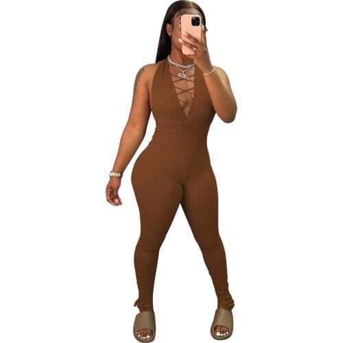 Casual Sexy Fitness Wear Deep V Neck Bandage Skinny One Piece Pencil Pants Sexy Sports Rompers Women Jumpsuits Outfits Summer