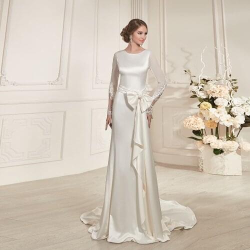 See Through Buttons Up Trumpet Bridal Gowns Vestido De Noiva Sereia France Satin Bow Mermaid Wedding Dress With Picture Veil