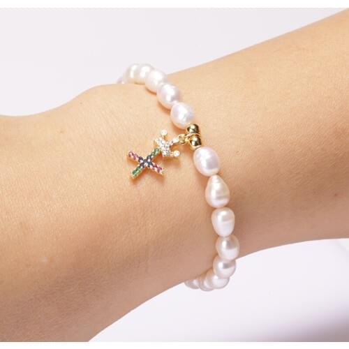 Mixed CZ Micro-colored Zircon 26 Initials Pendant Natural Freshwater Pearl Beaded Charms Dainty Unisex Bracelet Bangle