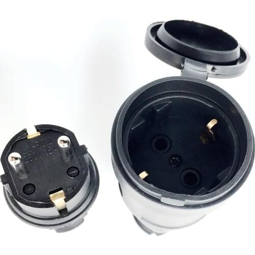 EU Rubber Waterproof Socket Plug Electrial Grounded European Connector With Cover IP44 For DIY Power Cable Cord 16A 250V