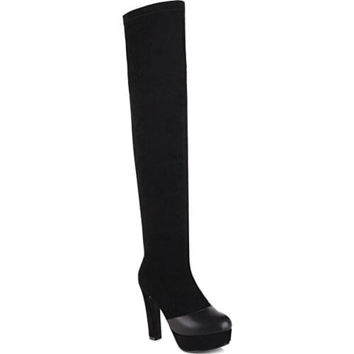 Round Toe Thick Heel High Waterproof Platform Stretch Cloth Over The Knee Boots Super High Heel Stretch Leather Velvet Sexy Boot