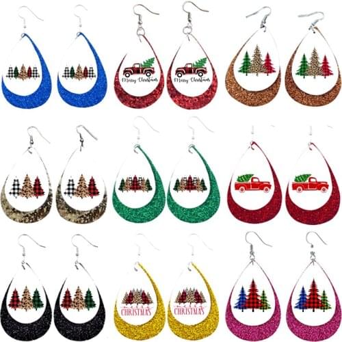 Christmas Tree Buffalo Plaid Tearrop Earrings Layered Glitter Truck Printed Earrings Bulk Order Wholesale