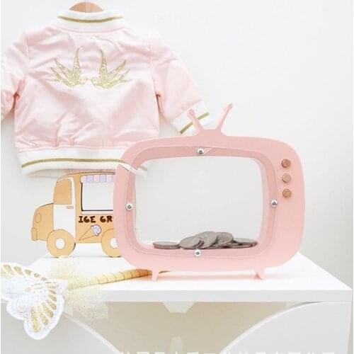 Nordic Nursery Decor Kids Wooden Television Piggy Bank For Kids Room Pink Money Box For Girl Room Decor Scandinavia Decor