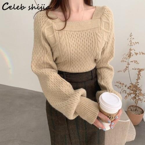 SHIJIA Square Collar Woolen Sweater Woman Khaki Autumn Winter 2021 Warm Knitting Tops Korean Fashion Long Sleeve Jumper Cashmere