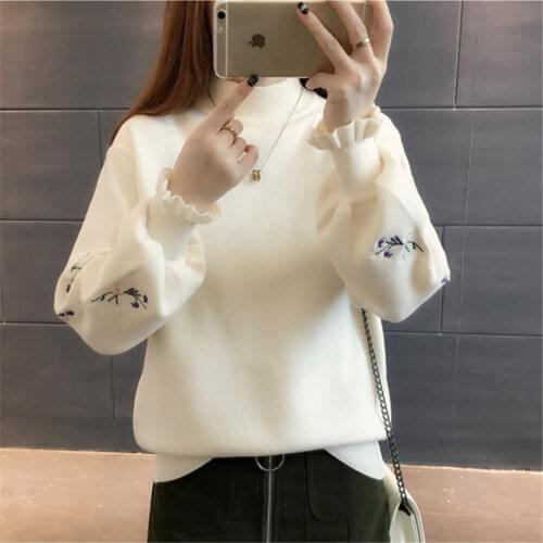 Half Turtleneck Sweaters Women Embroidered Pullover Knitting 2021 New Fall Winter Loose Yellow Plus Size Clothes Ladies Sweater