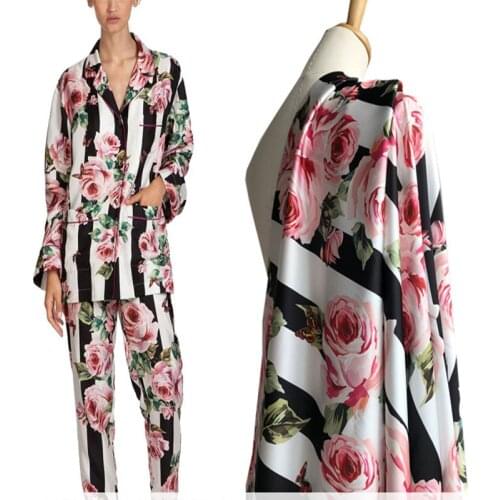 European brand classic digital printing fabric, black striped rose flower, sewing fabric factory store is not out of stock