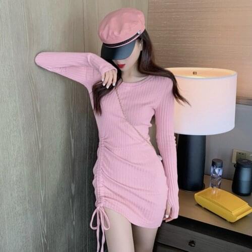WOMENGAGA Korean Drawstring Long Sleeve Short Autumn Solid Color Slim Pleated Bottomed Dress For Women SFLV