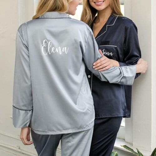 Personalized Long Sleeve Satin Silky Pajamas Set Wedding Party Bridesmaid Gifts Custom Name Long Women Home Wear Pajama Set