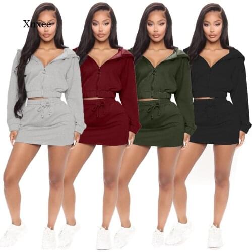 2021 Summer Zip Up T-Shirt Skirt Two Piece Suit Spring Sweetie Elastic Fabric Front Sport Women Set Hoodie Outfit Casual Clothes