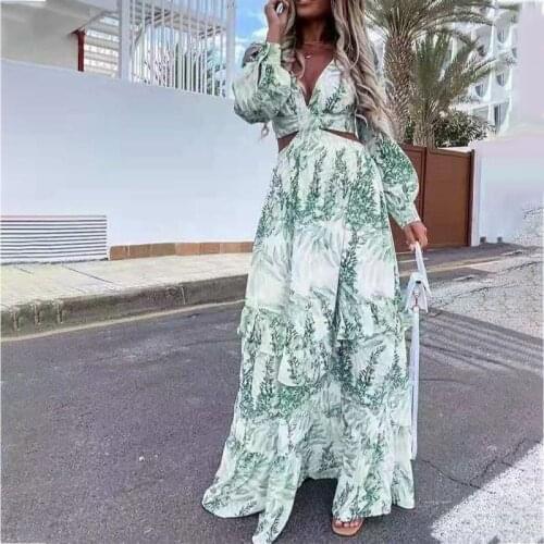 2021 Green Beach Long Dress Sexy Hollow Out Boho Deep V Neck Summer Womens Dress Print Ruffle Party Long Sleeve Maxi Dresses