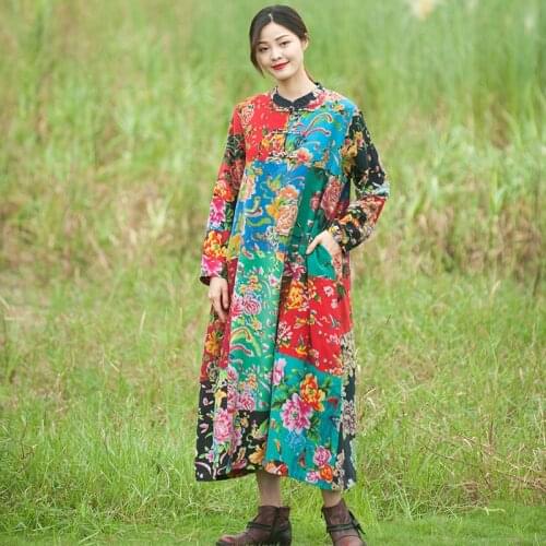 Women Cotton Linen Patchwork Dress Ladies Vintage Spliced National Style Loose Dresses Female 2019 Randomly Patchwork Dresses
