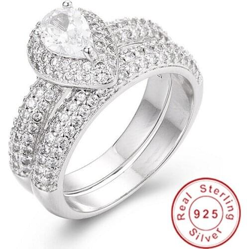 Fashion 925 Sterling Silver Drop-cut 2ct Diamond ring 2-in-1 Luxury Engagement Wedding Rings For Women gemstone jewelry gift