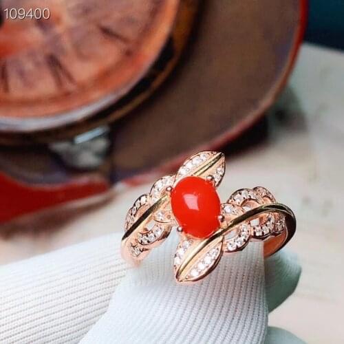 Fashion Leaf Feather flowers Natural red coral Ring S925 Silver Natural Gemstone Ring Women girl weddings party gift Jewelry