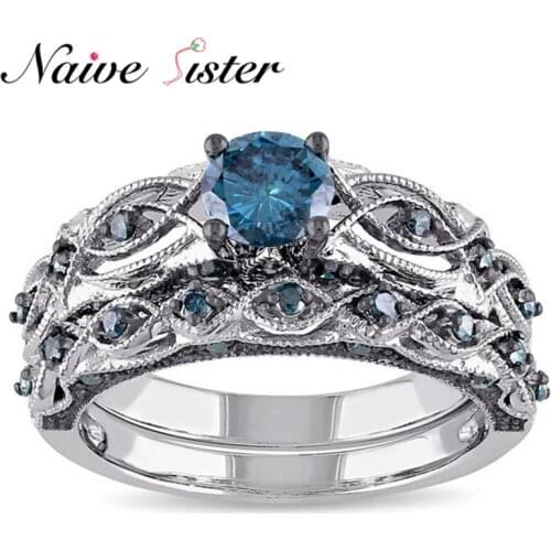 2pcs/set Fashion Blue Rhinestone Rings For Women AAA Cubic Zirconia Ring Wedding Band Bride Bridesmaid Jewelry Party Engagement