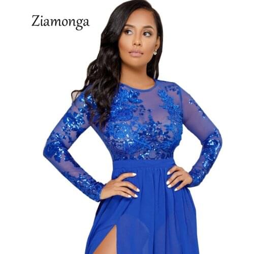 Ziamonga Sexy Sequin Backless Jumpsuit Rompers Women Long Sleeve Evening Party Overalls Fashion Club Playsuit Leotard Bodysuits