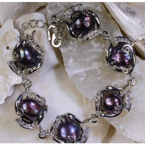 Free Shipping Fashion 10-11mm Black Natural Freshwater baroque Pearl Bracelet 9"