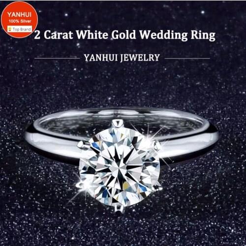 Free Sent Certificate! Original Solid 18K White Gold Ring Solitaire 2 Carat Zirconia Gemstone Diamond Wedding Band for Women