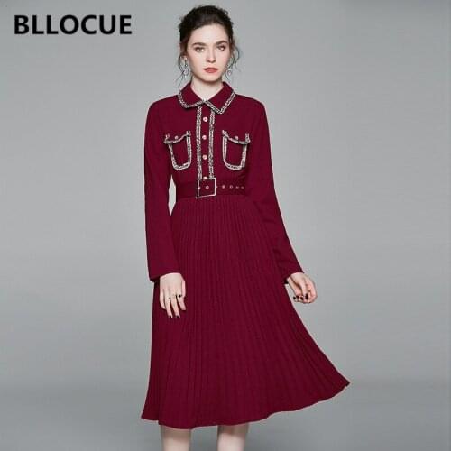 BLLOCUE 2020 Autumn Fashion Runway Pleated Dresses Womens Turn-down Collar Long Sleeve Retro Elegant Party Dress With Belt