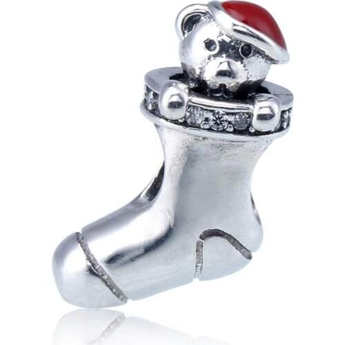 Authentic S925 Silver Bead Red Enamel Christmas Stocking Charms fit Lady Bracelet Bangle Jewelry