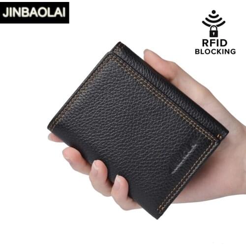 JINBAOLAI New 100% Genuine Leather Men Wallet Coin Purse RFID Blocking Wallet Men Trifold Multi-Card Card Holder Wallets Male