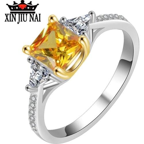Dense yellow diamond square zircon ladies distinguished simulation diamond ring delicate little women ring live hand jewelry